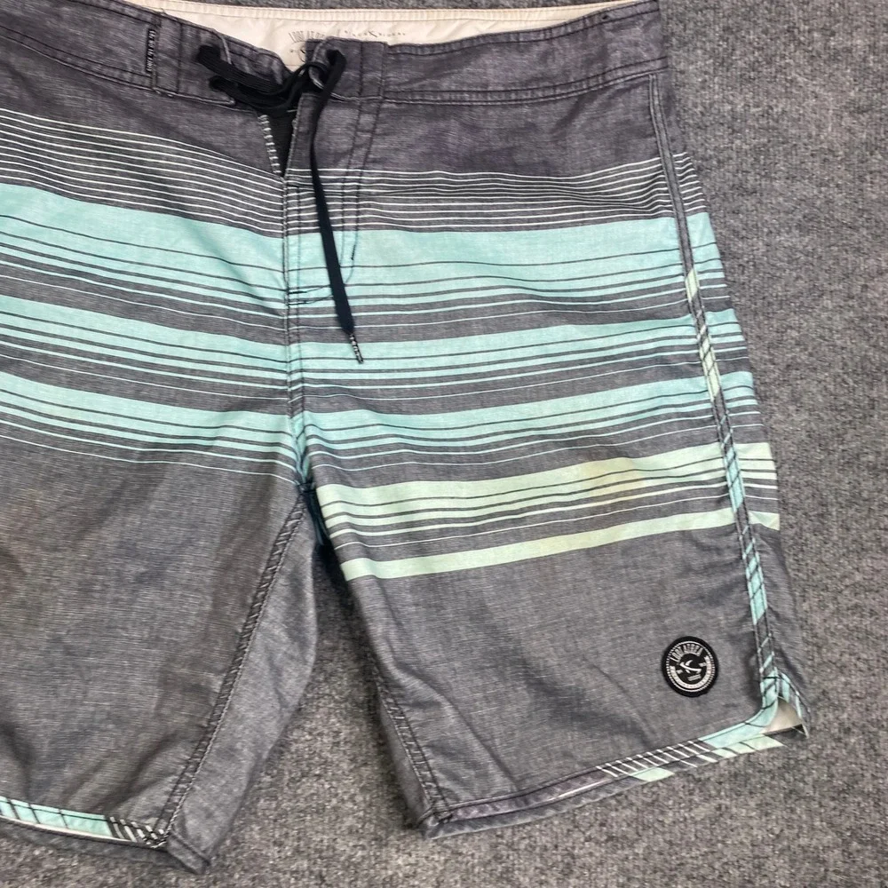 Lost Enterprises Mens Board Shorts Grey Teal Striped Lost At Sea Swim VTG